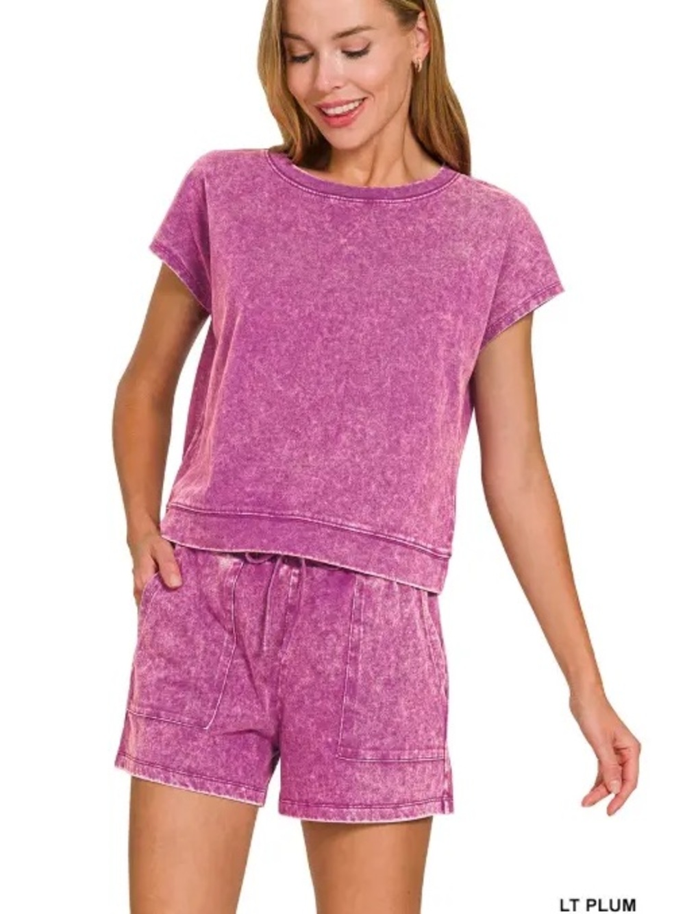 Zenana Outfitters Washed plum Short Sleeve set - Picture 2 of 5
